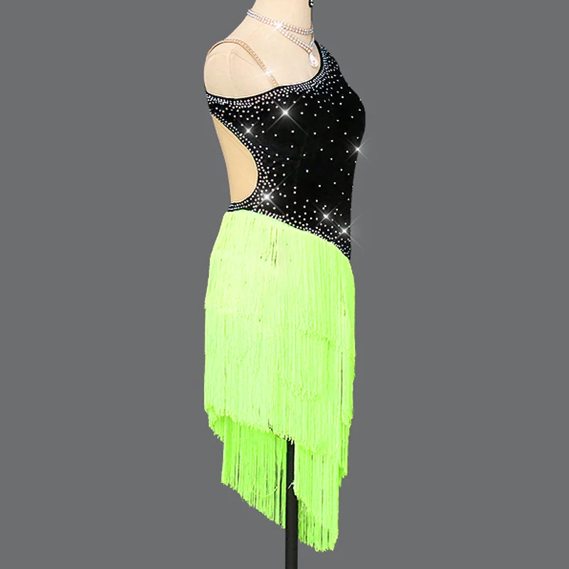 Latin Dance Dress New Fluorescent Green Tassels Autumn Dress Women Dance Competition Costume Rhinestones Dresses