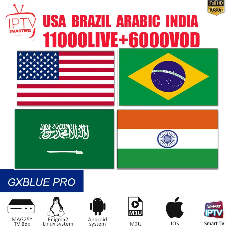 

GXBLUE PRO BEST 10000+Live 6000+VOD IPTV Subscription USA BRAZIL ARABIC INDIA IPTV M3U Sports Code MAG Box Smart Android TV box