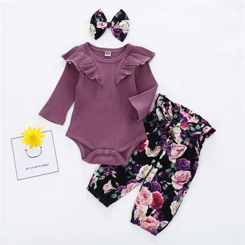 

Baby Girls Clothes Set Newborn Infant 0-4Y Fashion Cute 3PCS Solid Knit Top Romper+Print Pants+Headband Bebes Sets Vetement Bebe