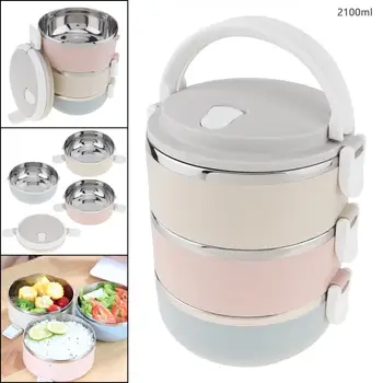 

2.1L High Capacity 3 Layer Lunch Box Portable Handheld Removable 201 Stainless Steel PP Insulation Barrel Lunchbox Bento Box