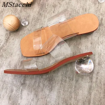 

MStacchi 2020 Summer Geometric Heel Women Beach Slippers Transparent PVC Sandals Square Toe High Heels Shoes Woman Brand Slides