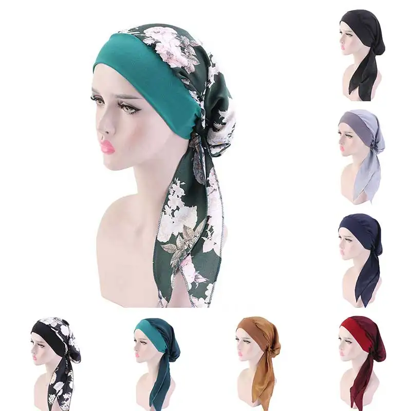 

Fashion print Beanies Silky Turban Hat For Women Wide Elastic Bandana Headwear Muslim Hijabs Long Tail Head Scarf Pirate cap