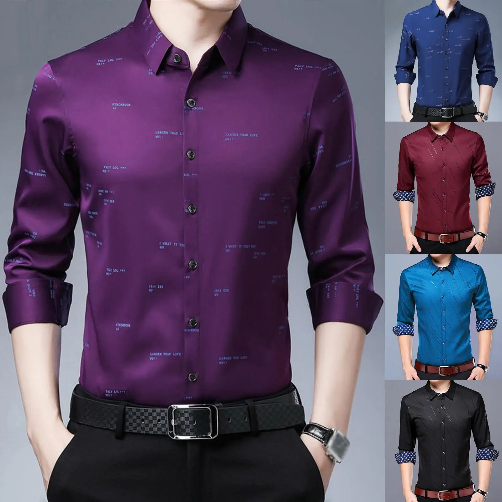 Ofertas Especiales Camisas de negocios con estampado de letras/rayas para hombre, camisas de manga larga con cuello vuelto, una hilera de botones Zn7mz1rkBxl