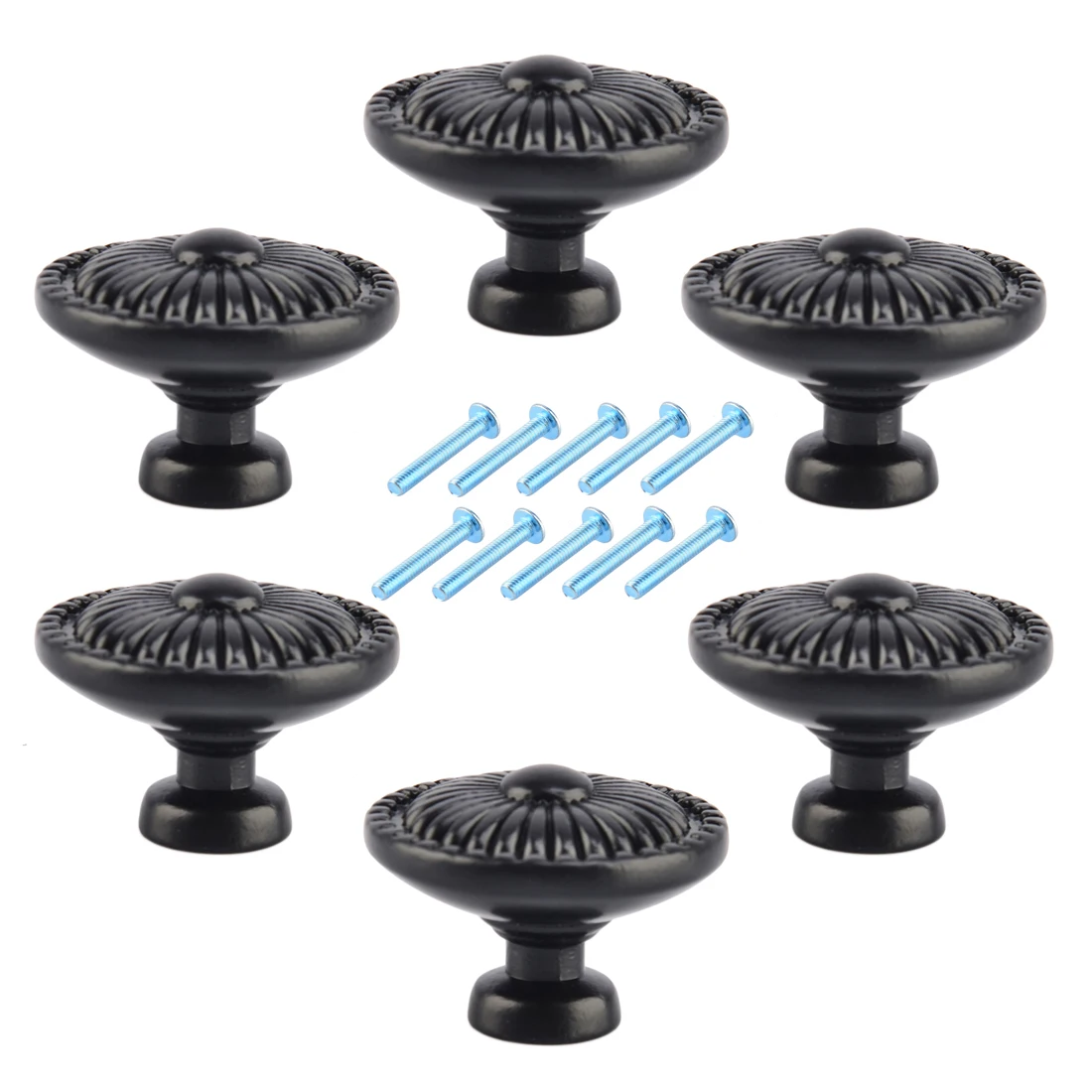 6Pcs Cute Round Durable Zinc Alloy Knob with Floral Emboss Door Drawer Pull Handle for Home Decor- Black | Обустройство дома