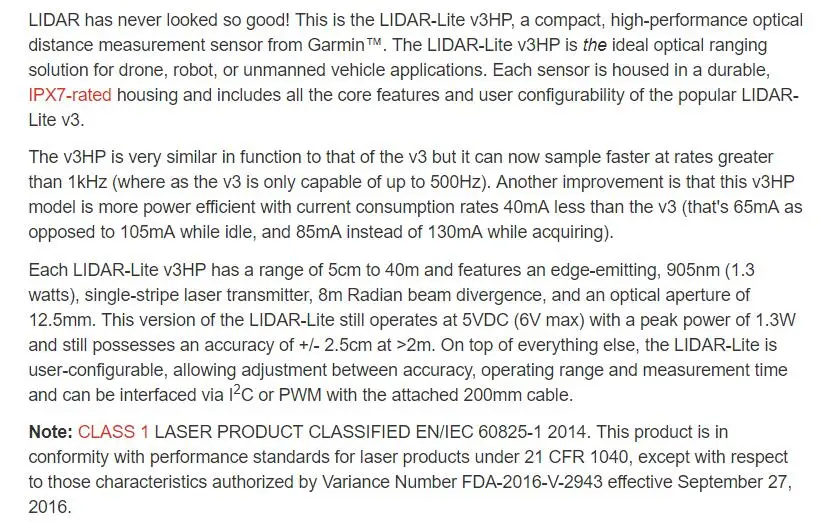 1 шт. x LIDAR-Lite v3HP оптический датчик измерения расстояния