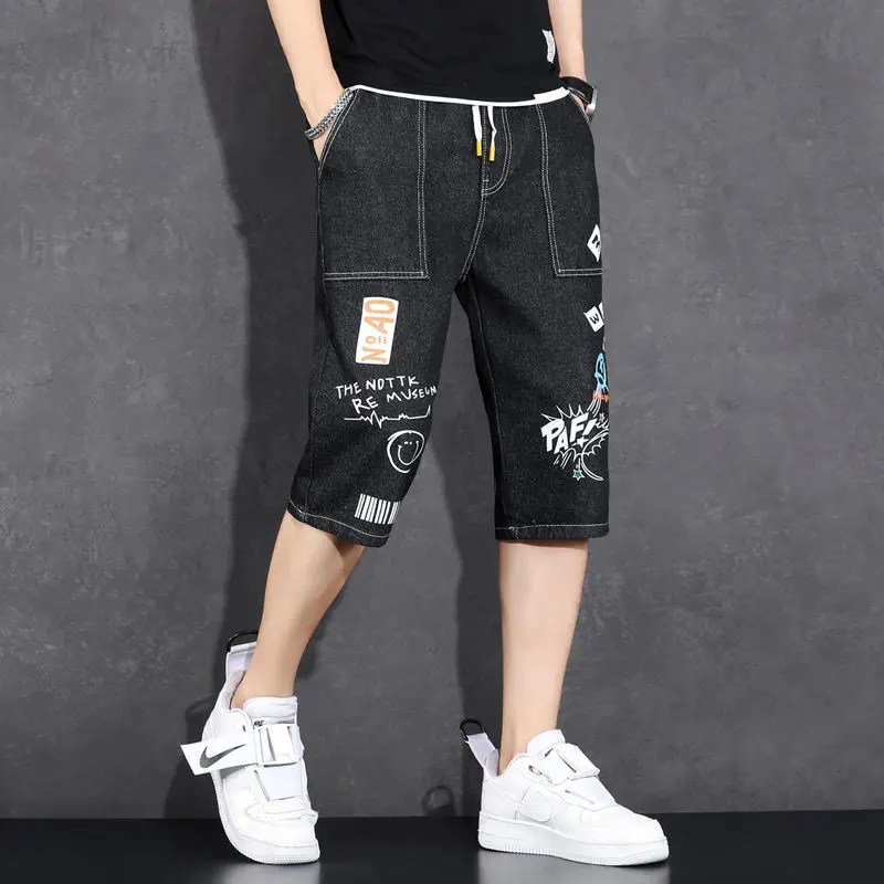 

Cropped Jeans Men's Ankle-Tied Harem Pants Men's Stretch Short Jeans Fashion Casual Slim Fit High Quality Elastic Denim Shorts