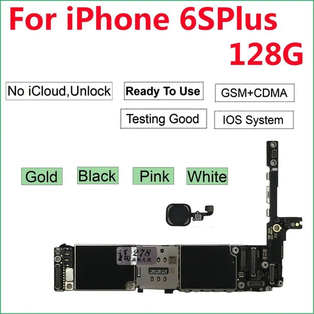 

Unlocked for iPhone 6S Plus motherboard logic board Touch ID Home Button 16G 64G 128GB 6SP Free iCloud White Pink Black Gold