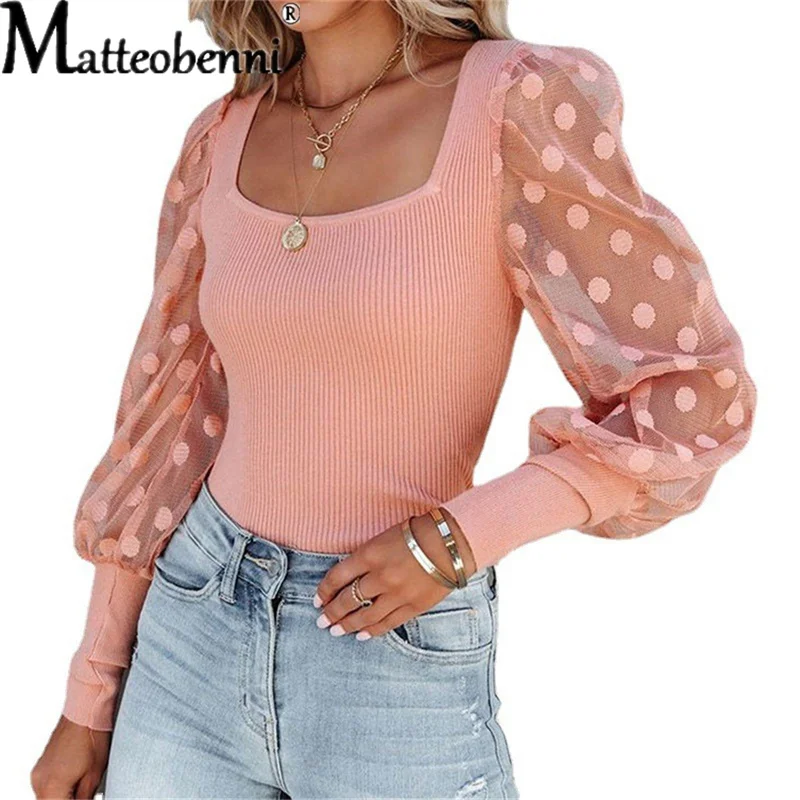 New Women Elegant Shirt 2022 Early Spring Casual Square Neck Tops Mesh Polka Dot Stitching Pullover Long-Sleeve Women's T-Shirt