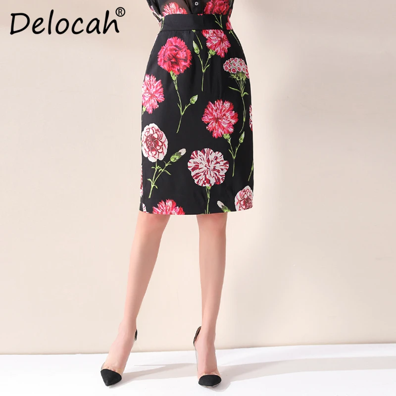 Delocah 2019 Autumn Winter Women Skirt Runway Fashion Designer Carnation Printed 100% Silk Elegant Slim Lady Knee-Length Skirts