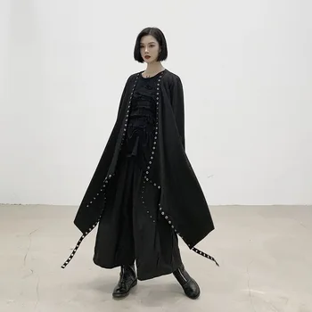 

Women Oversized Rivet Ribbon Splice Loose Long Irregular Trench Coat Jacket Cardigan Female Streetwear Punk Gothic Windbreaker