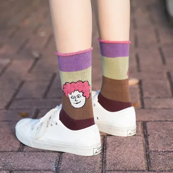 

Autumn and winter new striped color blocking socks academy style middle tube socks cartoon cute head curling
