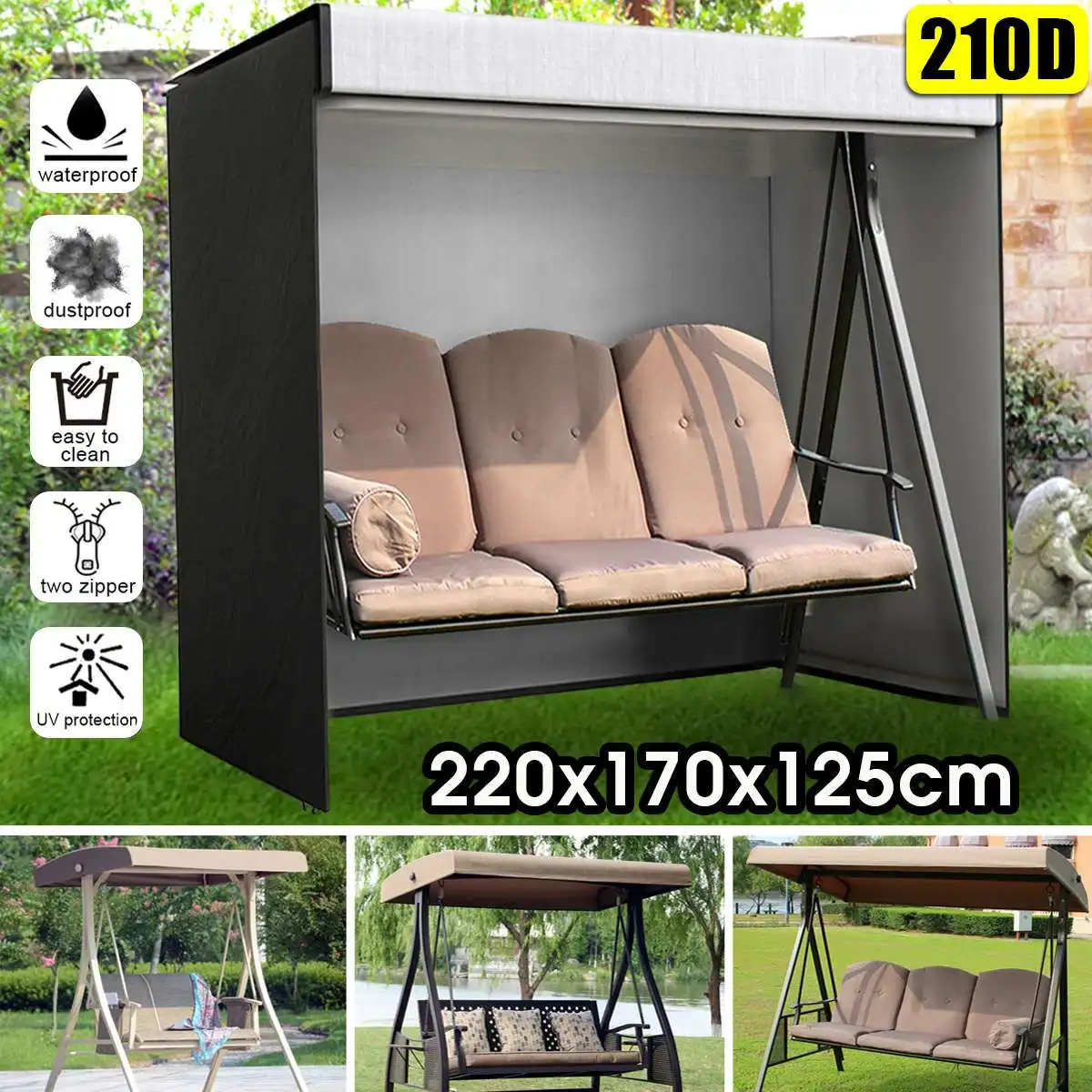 

210D 3 Seater Hanging Swing Seat Chair Hammock Dustproof Protection Cover Outdoor Garden Patio Furniture Protector Dust Covers