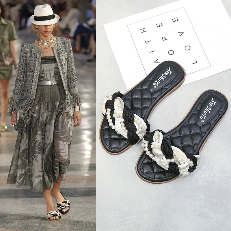 

2019 Summer Small Fragrant Black And White with Pattern Silk Fabrics Pearl Slippers Women's Linen Flower Color Weaving A- line O