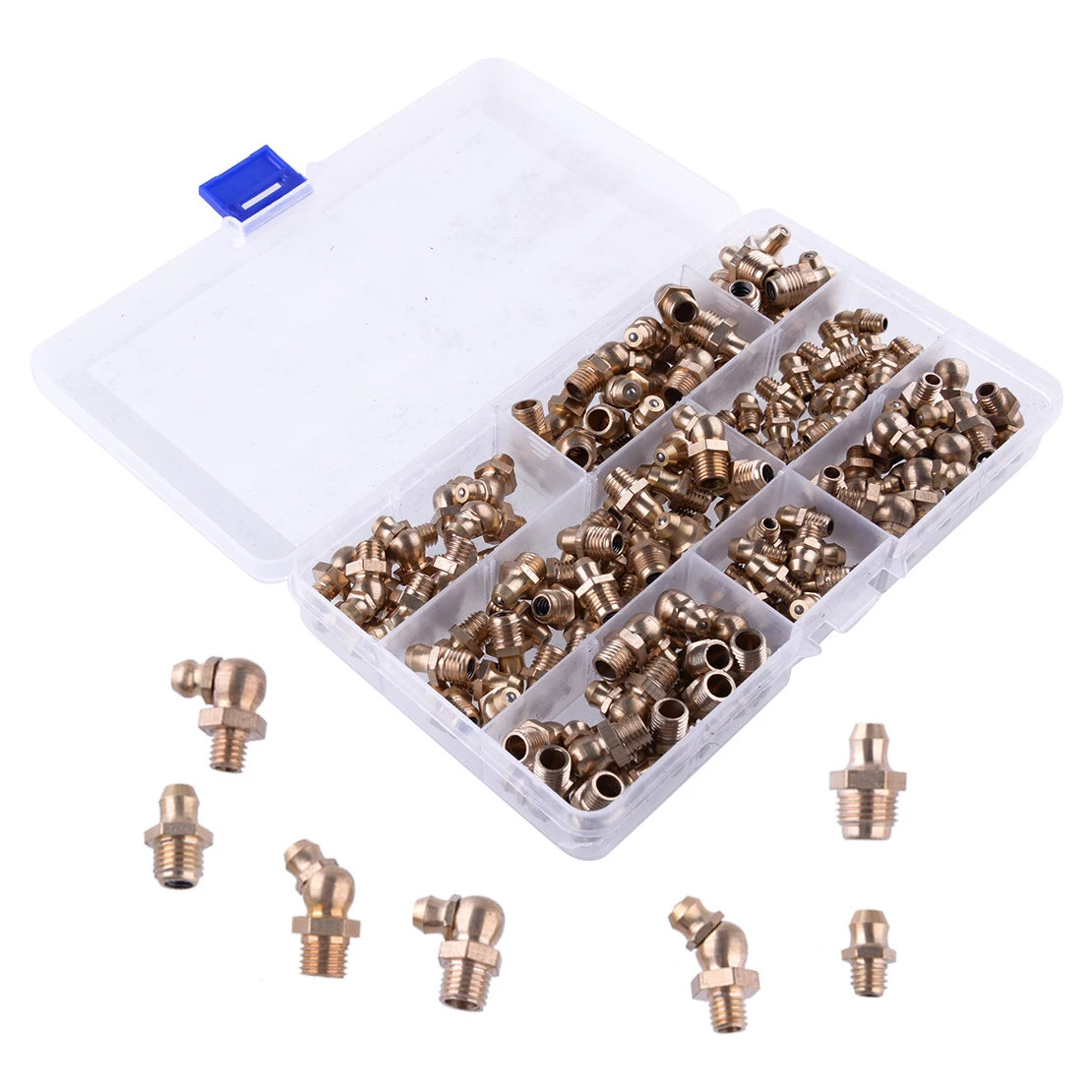 

Universal 140Pcs Gold Brass Hydraulic Metric Brass Zerk Grease Nipple Pipe Fitting Assortment Kit M6 M8 M10 Accessories