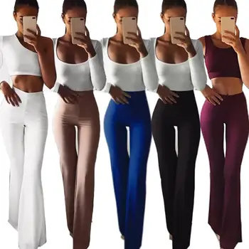 

Summer Autumn Solid Elegant Female Lady Women's Palazzo Flared Wide Killer Legs Pants High Waist OL Ladies Career Long Trousers