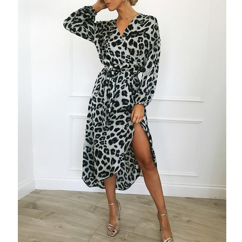 Women Dress Autumn 2019 Ladies Leopard Print Dresses Sexy Women V Neck Long Sleeve Split Midi Dress Womens Dresses Evening Party