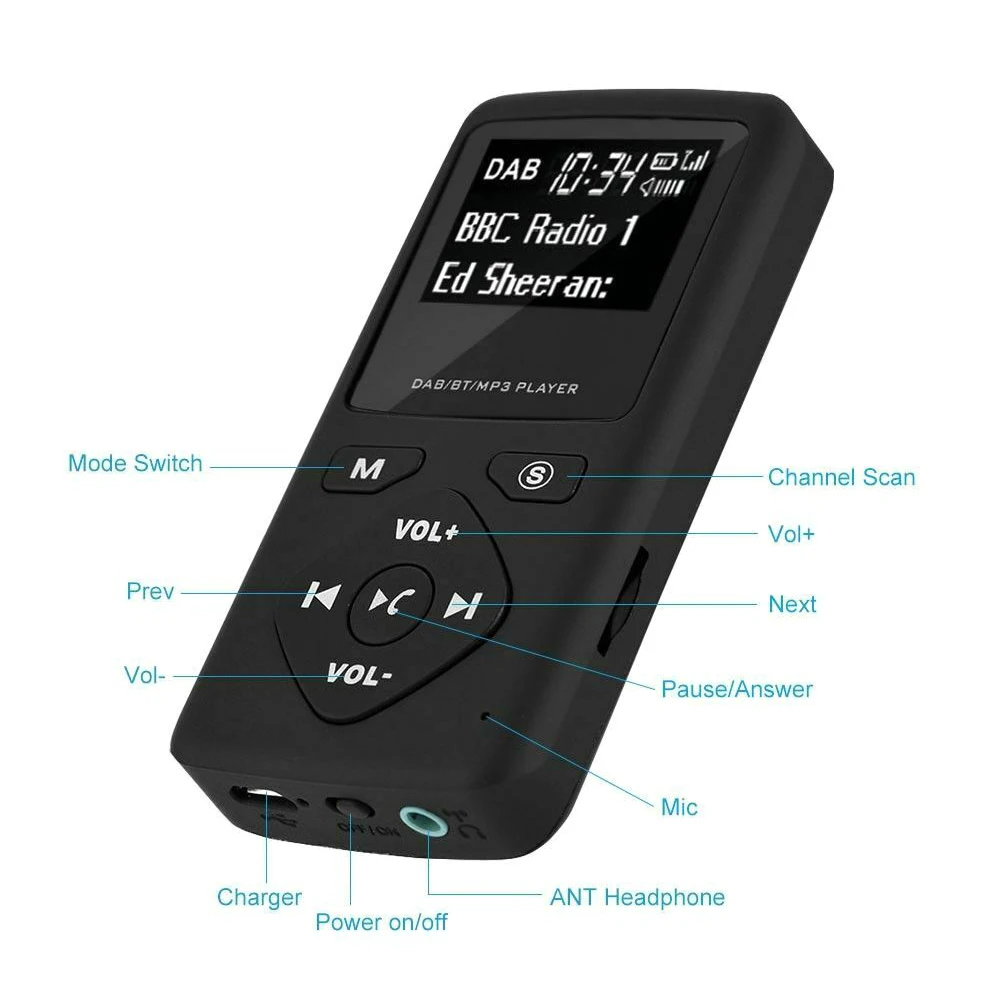 Портативный DAB карманный цифровой радиоприемник Bluetooth MP3-плеер с наушником радиоприемник