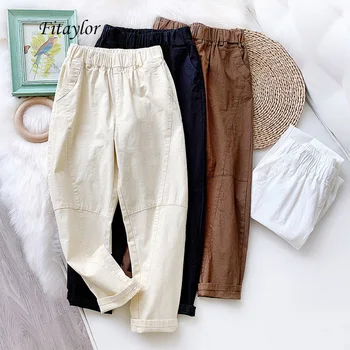 

Fitaylor Women Summer High Waist Cotton Linen Ankle-length Pants Casual Elastic Waist Loose Black Harem Pants