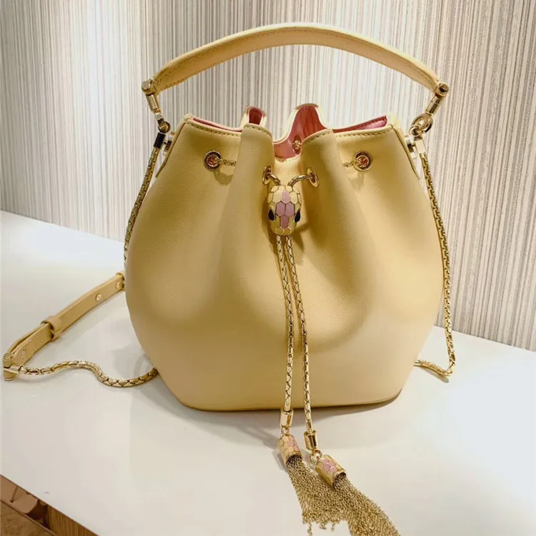 

2020 Head Snake Bone Chain Bucket Single Shoulder Diagonal Hand Bag Genuine Leather Woman Cowhide Package