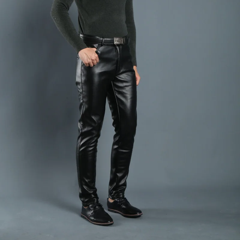 Leather Pants Mens Skinny Pants Elastic Spring Autumn Fall Fleece Thickened Youth Man Leather Motorcycle Pants Male Pencil Pants