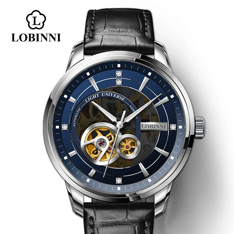 LOBINNI Чайка автоматические механические часы люксовый бренд Мужские часы кожаный сапфир Водонепроницаемые 50 м мужские наручные часы - Цвет: Silver-Blue