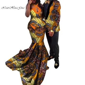 

African Couple Clothes African Dresses for Women Bazin Riche Long Evening Dresses and Men Jacket Coat 2 Pieces Clothing WYQ154