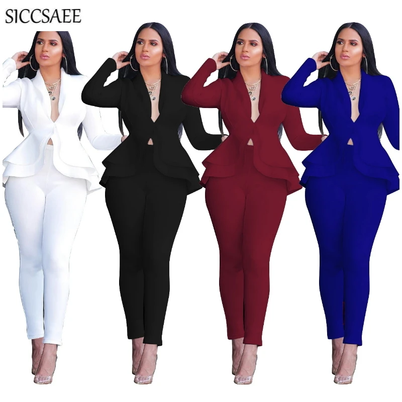 Women Solid 2 Piece Outfits Long Sleeve Deep V Neck Ruffles Peplum Blazer Bodycon Long Pants Suit Set