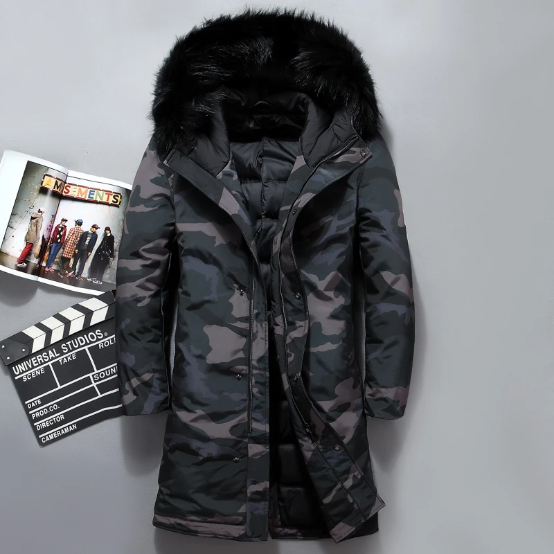 

Nice Pop Camouflage Men Winter Jackets High Quality Fur Collar Long Coat Men Long White Duck Down Jacket Men 5XL