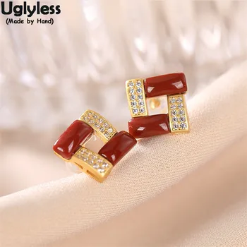 

Uglyless Spliced Square Agate Studs Earrings for Women Hollow Geometric Minimalist Fashion Jewelry 925 Silver Crystals Earrings