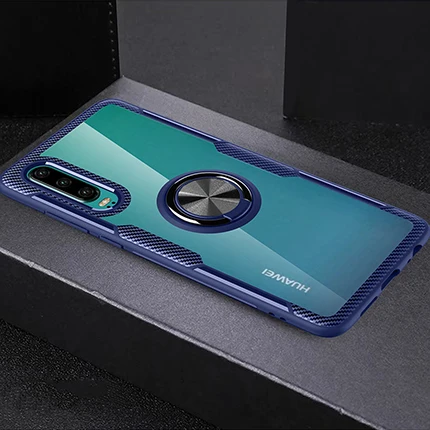 Закаленные линзы чехол Kickstand чехол Невидимый палец кольцо крышка чехол для huawei P30 P30Pro Mate20 Mate20pro P20 P20Pro P20lite - Цвет: Azure