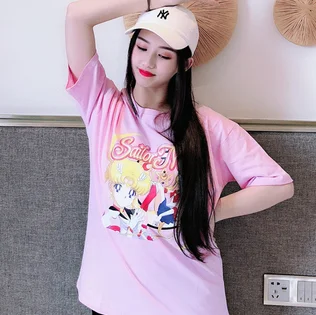Японские красивые мягкие Топы средней длины с рисунком для девочек, летние свободные футболки для студентов - Цвет: Фиолетовый