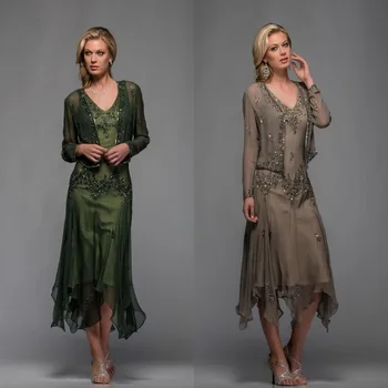 

Green 2019 Mother Of The Bride Dresses A-line Tea Length Chiffon Appliques Beaded Plus Size Short Mother Dresses For Wedding