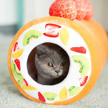 

Lovely Fruit Tart Bed Pad Nest House Keep Warm Kennel Cat Sleep Mat Warm Removable Cat House Pet Tunnel Bed