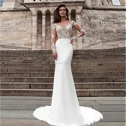 2020 прекрасные Сатиновые Прозрачные Свадебные платья с вырезом лодочкой, Свадебные платья Аппликация, кружева, длинные рукава, длина до