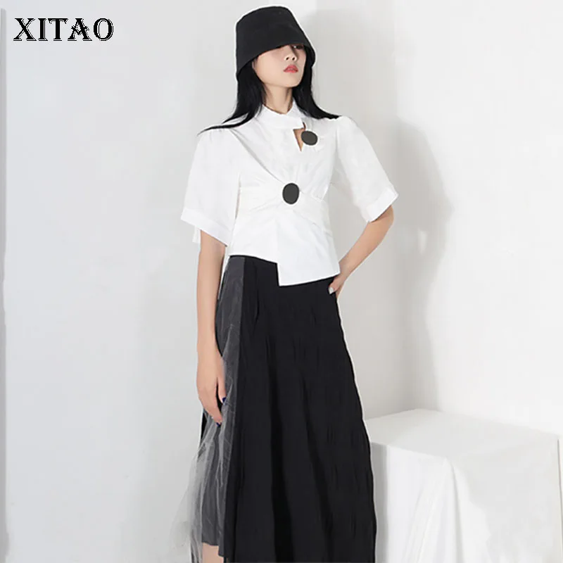 XITAO Short Personality Hollow Out Shirt Women Clothes 2020 Summer New Fashion Pleated Stand Collar Match All Blouse ZP1210 XITAO Short Personality Hollow Out Shirt Women Clothes 2020 Summer New Fashion Pleated Stand Collar Match All Blouse ZP1210