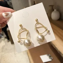 New Korean Gold Metal Line Twisted Hollow Out Big Pearl Long Earrings for Women Girl Wedding Party Gift