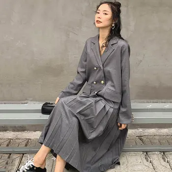 

Korea Trend Plus Size Women Clothes 2020 Spring New Women Dress Suit Collar Double Breasted Pleated Dresses College Style XJ3577