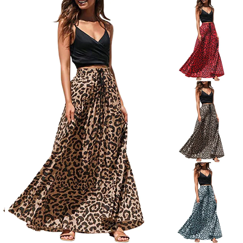 Женская леопардовая длинная Плиссированная юбка макси с высокой талией