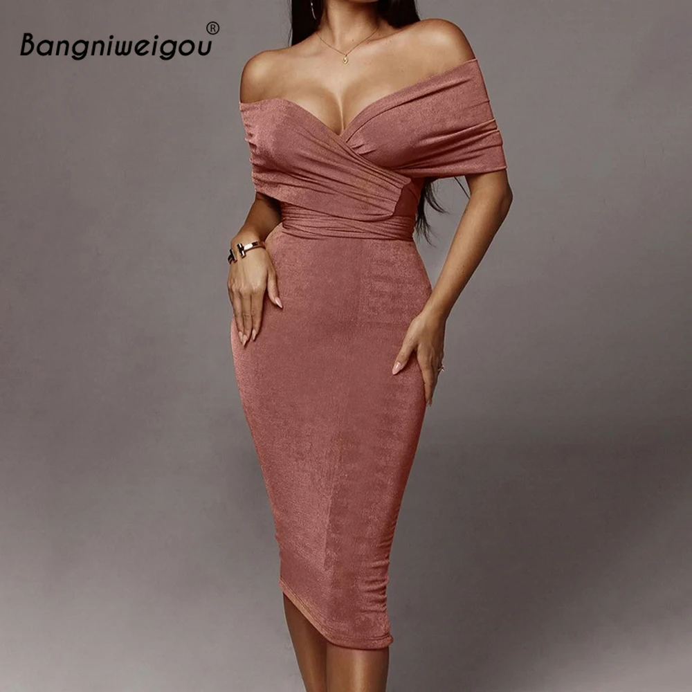 

Bangniweigou Sexy Elegant Strapless Bandage Midi Dress Versatile Styles Party Clubwear Women Solid Off Shoulder Wrap Tube Dress