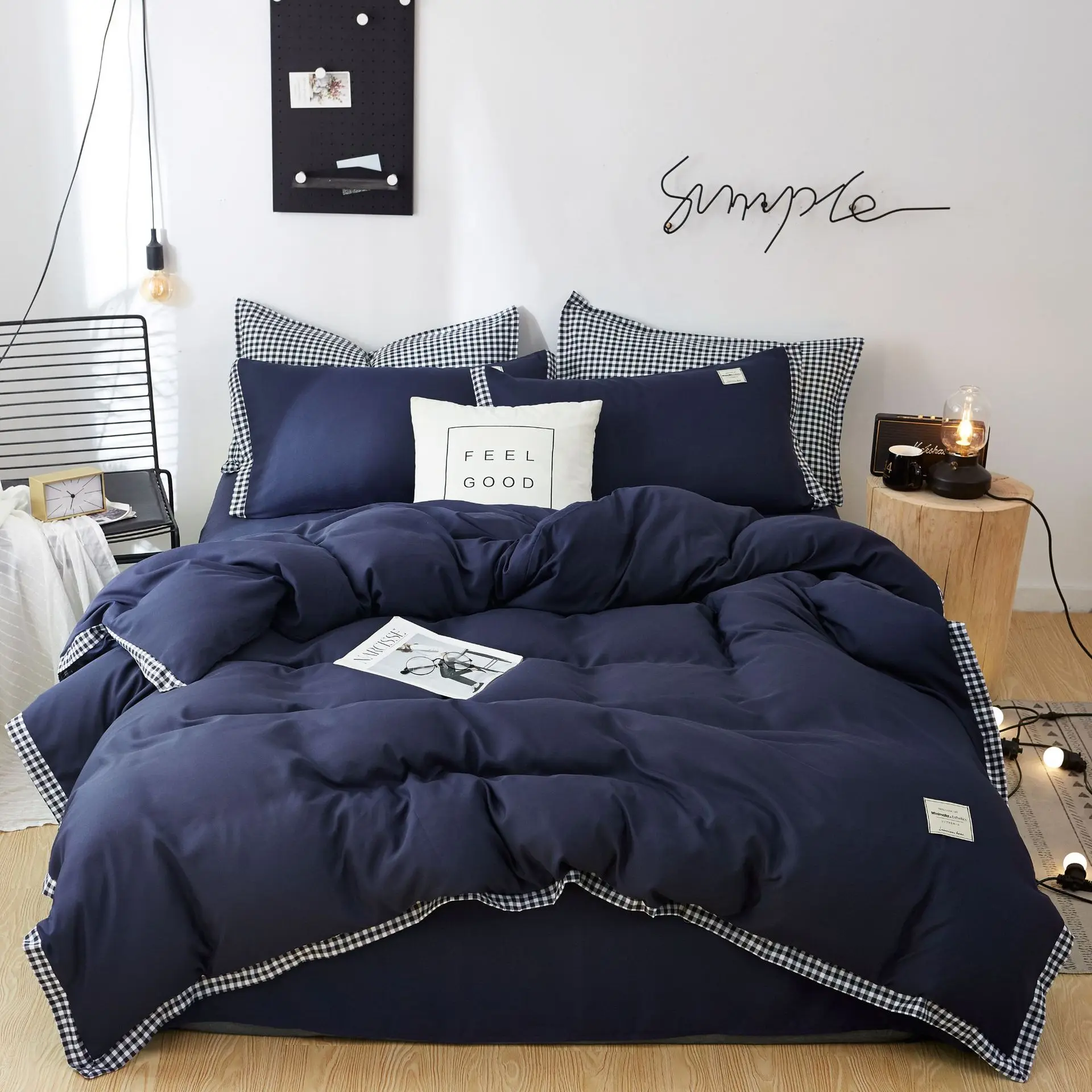 

Nordic solid color double-stitch active printing and dyeing polyester four-piece linen quilt cover Full/Twin/Queen/King bedding