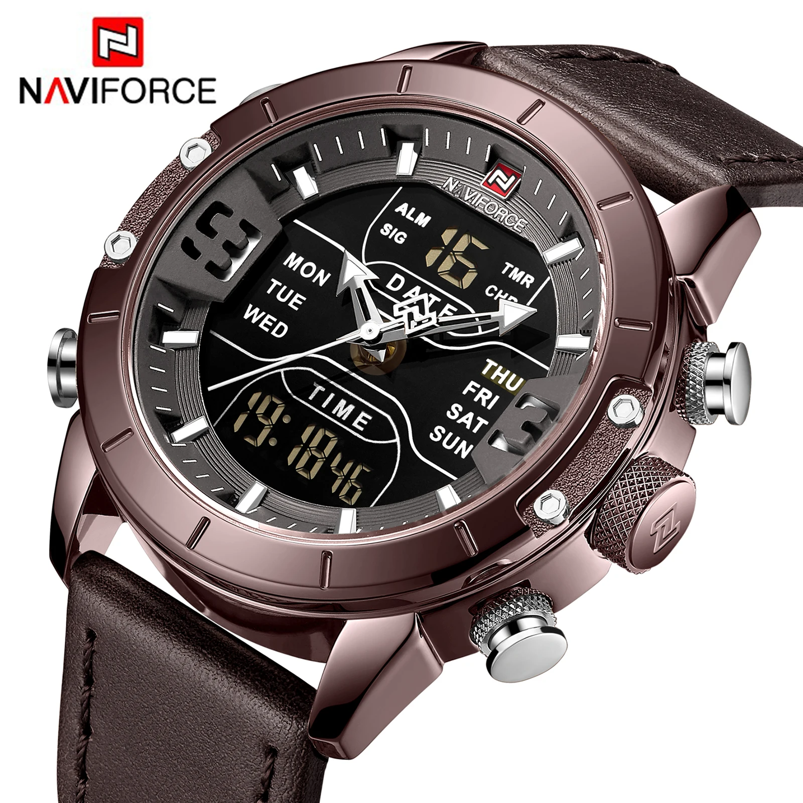 

NAVIFORCE Military Sports LED Digital Watches Men Waterproof Quartz Analog Clock Genuine Leather Strap Fashion Dress Wrist Watch