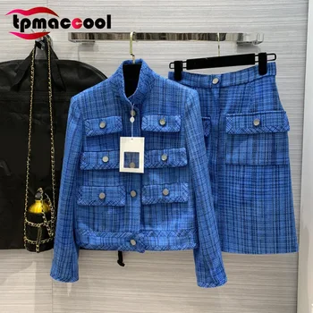 

Tpmaccool luxury designer HIGH END Women's New Elegance blue Color plaid Woven Wool jacket + skirt 2 piece outfits for women