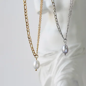 

Amaiyllis 18K Gold Handmade Clavicle Chain Necklace Grey-Purple Freshwater Pearl Rice Beads Stitching Chain Necklace For Women