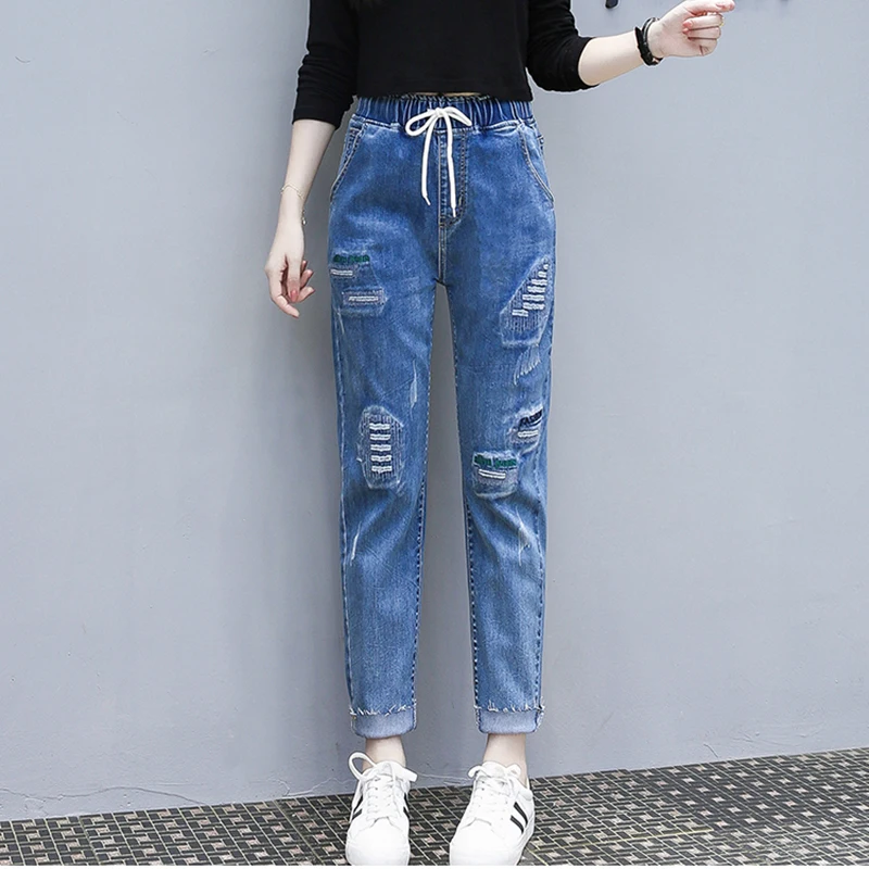 

Autumn Embroidery Scratched Women's Jeans High Waist Elastic Waist Ankle Length Cowboy Ladies Plus Size Casual Lace Up Pants 4XL