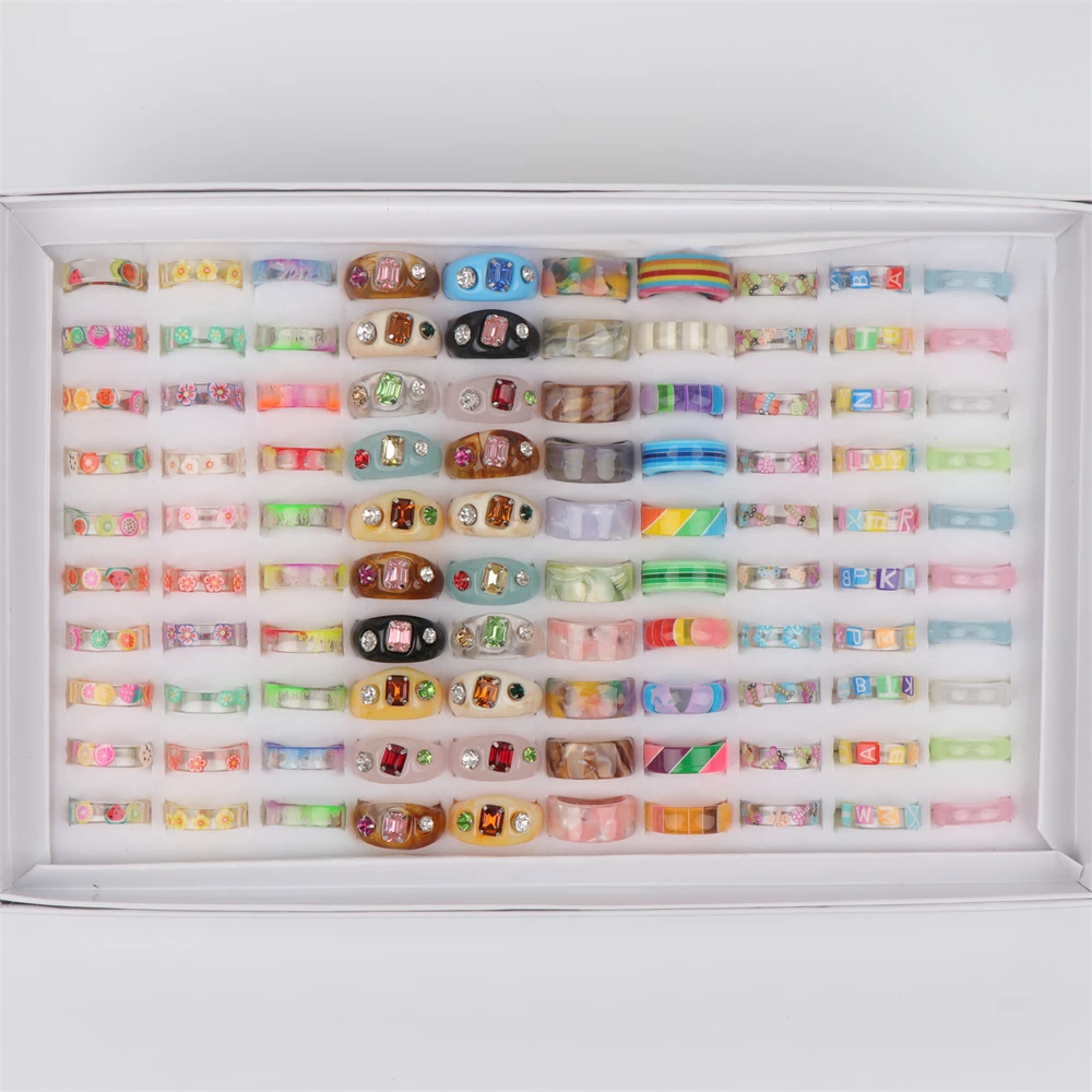 10pcs/lot Fashion Colorful Flowers Fruit Crystal Resin Jewelry Rings For Women Mix Style Party Gifts