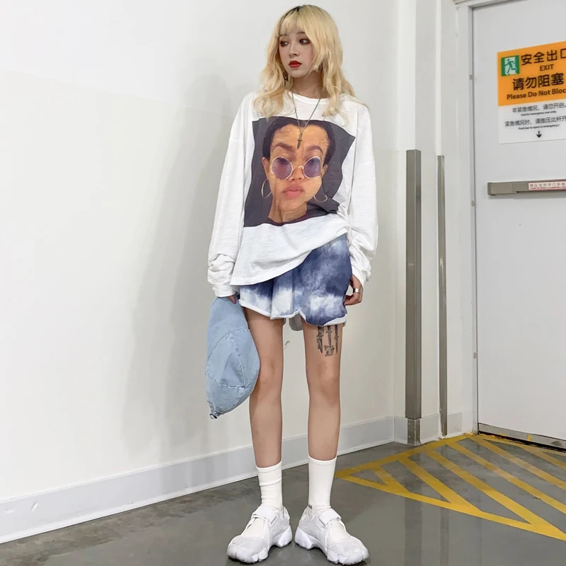 Lychee Harajuku Свободная белая женская футболка с принтом персонажа Солнцезащитная женская футболка с длинным рукавом Женские футболки с вырезом лодочкой