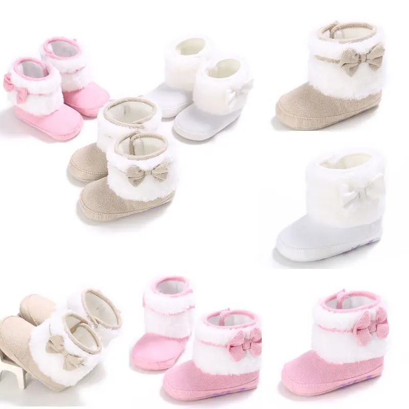 Детское платье с бантом; плюшевые сапоги; зимняя теплая обувь на мягкой подошве; зимние сапоги для малышей; цвет розовый, белый