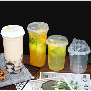 

50pcs High quality U shape disposable coffee cup 400ml 500ml 700ml milk tea juice soy drink transparent plastic cups with covers