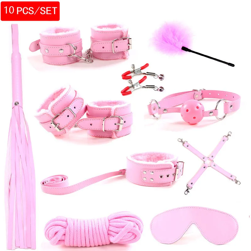 Pink chengren 10 шт./компл. наручники полицейские принадлежности для косплея игрушки для набора наручники зажимы для сосков кляп кнут секс-игрушки для пар сексуальная маска - Цвет: Pink chengren