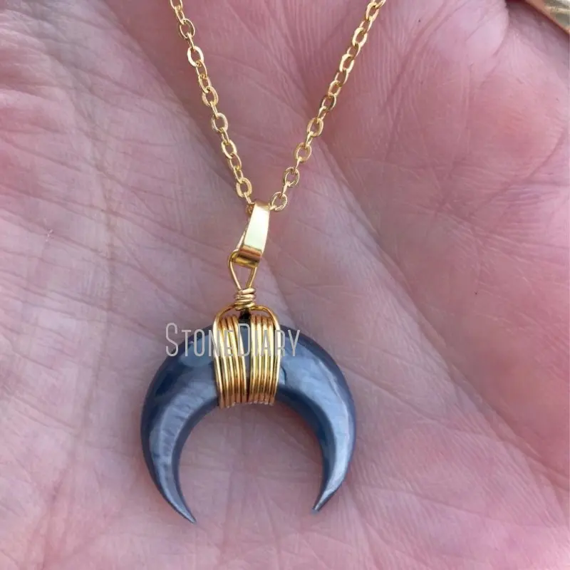 

NM14770 Crescent Moon Gray Shell Necklace Gold Plated Wire Wrapped Small Double Horn Bohemian Moon Necklace Boho Gray Tusk